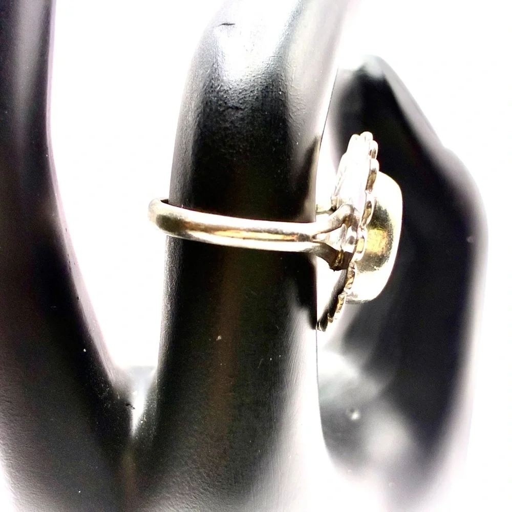 Vintage SIGNED MEXICO Malachite Ring with Sterling Silver Flower Backdrop